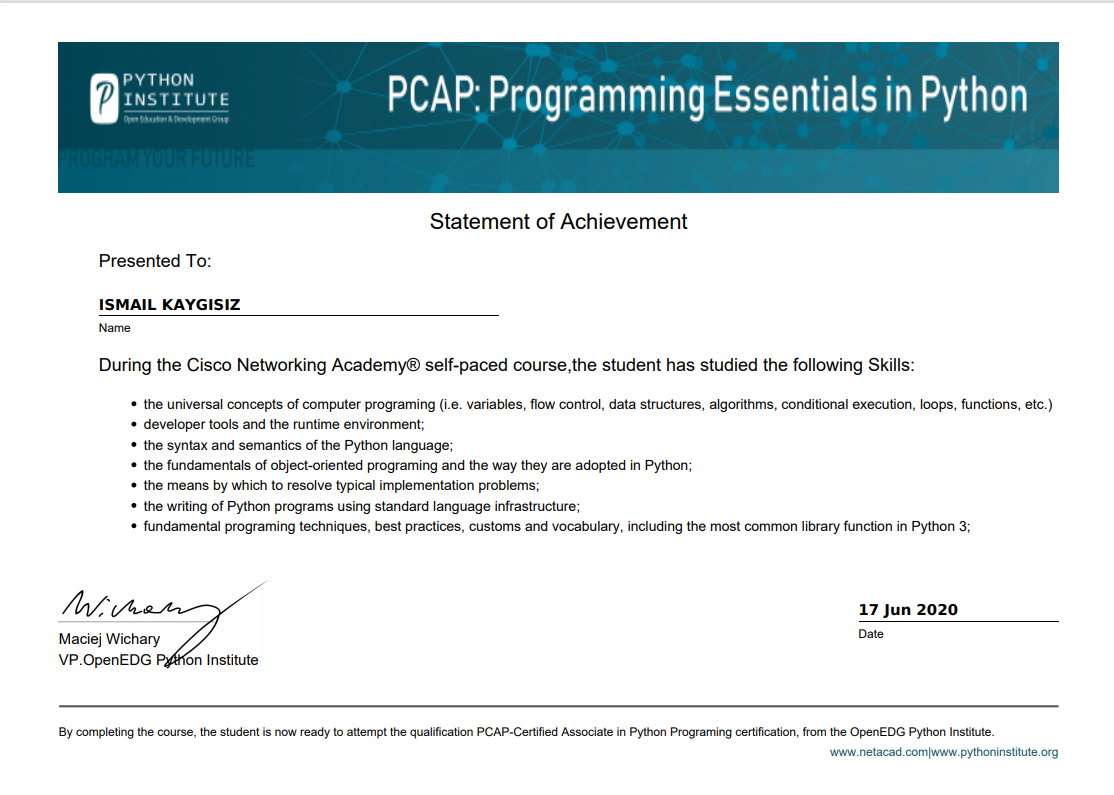 CISCO PCAP: Programming Essentials in Python Kursu Bitirme Sertifikası