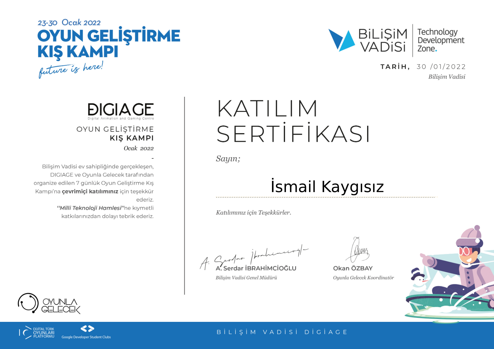 DIGIAGE Oyun Geliştirme Kış Kampı Katılım Sertifikası