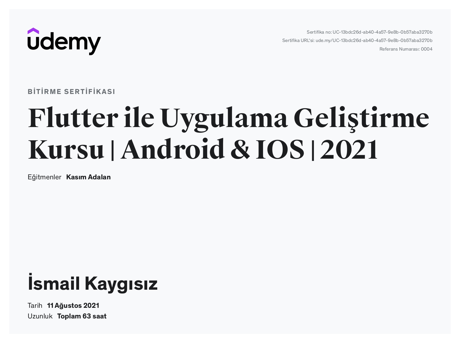 Flutter ile Uygulama Geliştirme Kursu Bitirme Sertifikası