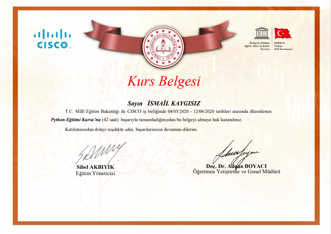 CISCO - MEB İş Birliğinde Düzenlenen Python Eğitimi Kursu Bitirme Sertifikası